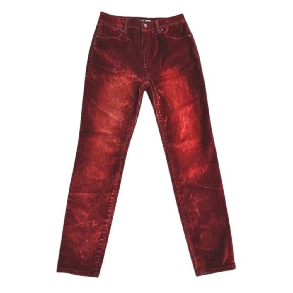 Fashion Nova Red Burgundy Flocked High-Rise Skinny Jeans Party Holiday Pockets 6